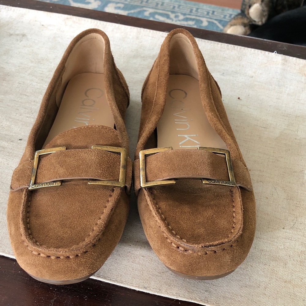 Calvin Klein Suede Loafers with Gold Buckle — Chestnut